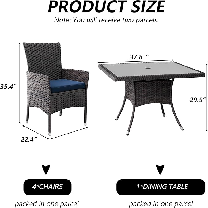 Kullavik 5 Pieces Outdoor Dining Set Patio Rattan Furniture Set,Patio Dining Table and Chairs Set with 4 Chairs and Cushions,Square Glass Tabletop with Umbrella Hole for Patio,Backyard,Navy Blue