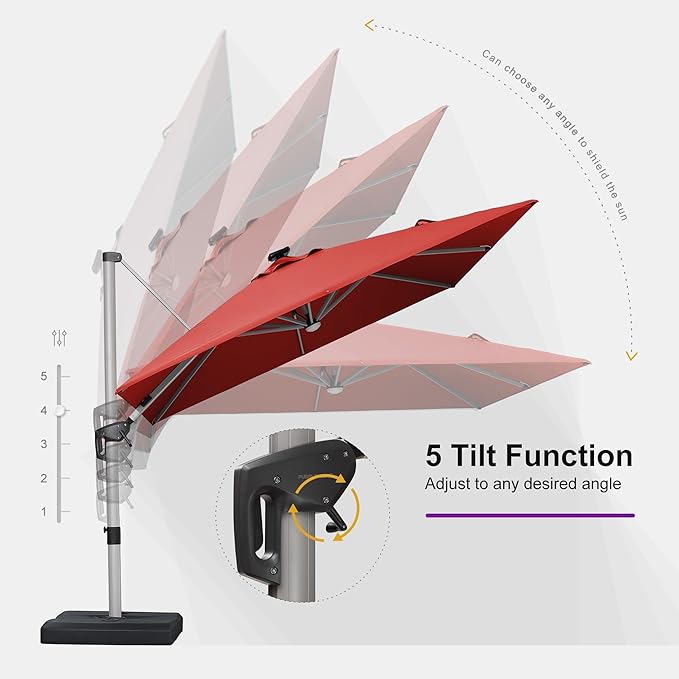 PURPLE LEAF Patio Umbrella with Base 9' X 12' Outdoor Rectangle Cantilever Umbrella Solar Powered LED with 360-degree Rotation for Garden Deck Pool Patio, Terra