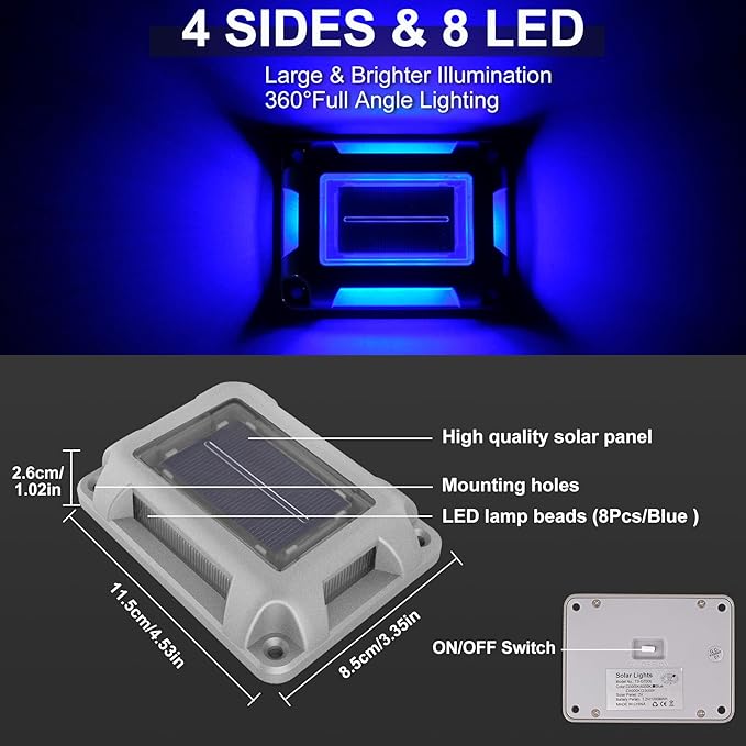 Solar Deck Lights Driveway Dock Lights- 8 Packs Waterproof 1200mAh Solar Powered Outdoor LED Aluminum Dock Lighting Road Markers Step Light for Driveway Sidewalk Garden Pathway Yard (Blue)