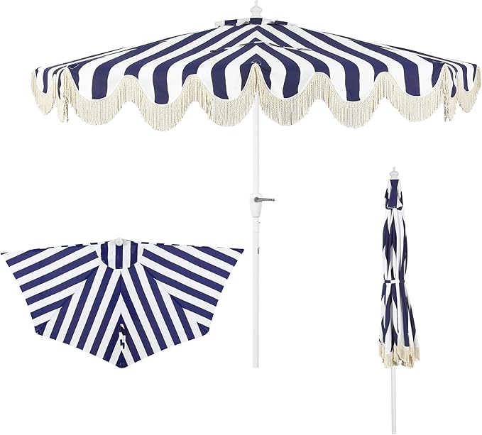 JONATHAN Y Beverly 9 ft. Coastal Navy and White Striped Half Patio Umbrella with Scalloped Fringe, Crank Lift, and Manual Tilt for Balcony, White Pole UMB1201I