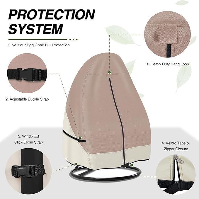 Porch Shield Patio Hanging Egg Chair Cover - 600D Waterproof Outdoor Single Seat Wicker Swing Egg Chair with Stand Protector, Light Tan & Khaki