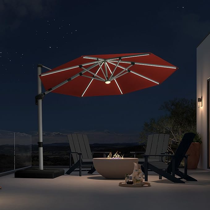 PURPLE LEAF 10ft Patio Umbrella with Lights Outdoor Round Cantilever Solar Powered LED Umbrella with 360-degree Rotation for Garden Deck Pool Patio, Brick Red