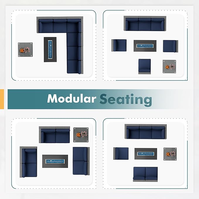 8 Pieces Outdoor Patio Furniture Set with 45” Propane Gas Firepit Table, Grey Wicker Patio Sectional Sofa Set, Outdoor Couch with Cushion and Tempered Glass Table, Dark Blue