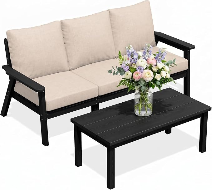 PLUUV 4-Piece HDPE Patio Sofa Set, All-Weather Outdoor Sectional Furniture with Thick Cushions, Modular Couch Set for Deck, Lawn, Black Frame with Khaki Cushion