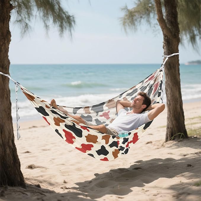 Camping Hammock Outdoor Hammocks for Outside Brown Black Red Cow Spots Beach Trees Portable Lightweight with Pockets Tree Straps Indoor