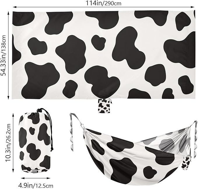Cow Print Black White 330lb Capacity Camping Hammock with Tree Straps Backyard Hammock for Outside Patio Garden Bases para hamacas para adultos