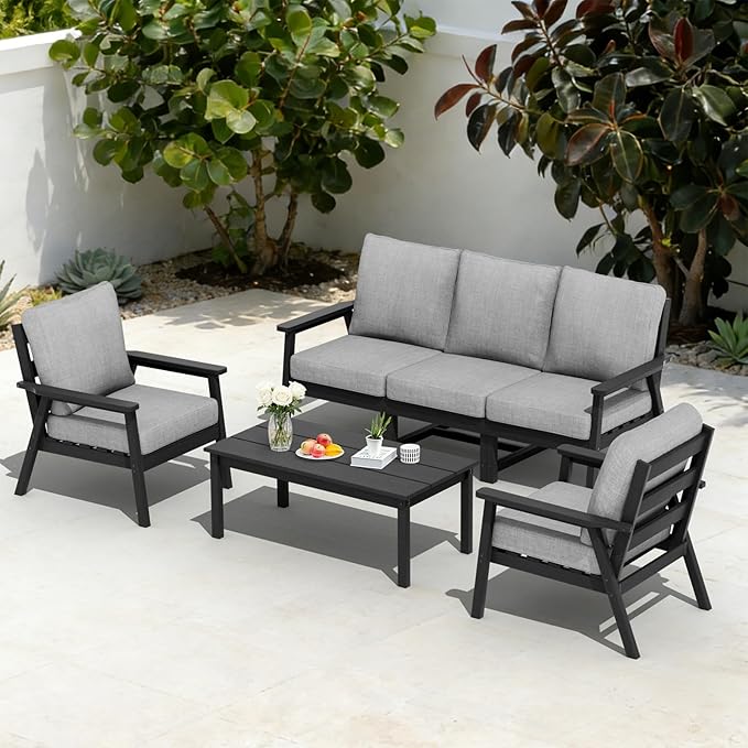 LOUNZY HDPE Patio Furinture Set, 6 Piece Sectional Sofa Outdoor Furniture Set, All Weather Outdoor Couch Set Patio Conversation Set for Deck, Lawn, Black