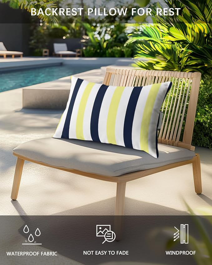 Outdoor Pillows Waterproof Covers Set of 2, Navy Blue Yellow Stripes Adjustable Elastic Chaise Lounge Headrest Pillow Covers, Contrast Striped Lumbar Pillow for Pool Patio Furniture 11x16 Inch