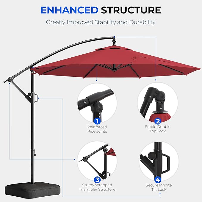 HOMSHADE 10ft Patio Umbrella with Base Included, Cantilever Umbrella UPF50+ UV Protection with Easy Tilt and Crank for Pool Deck and Garden(Red)