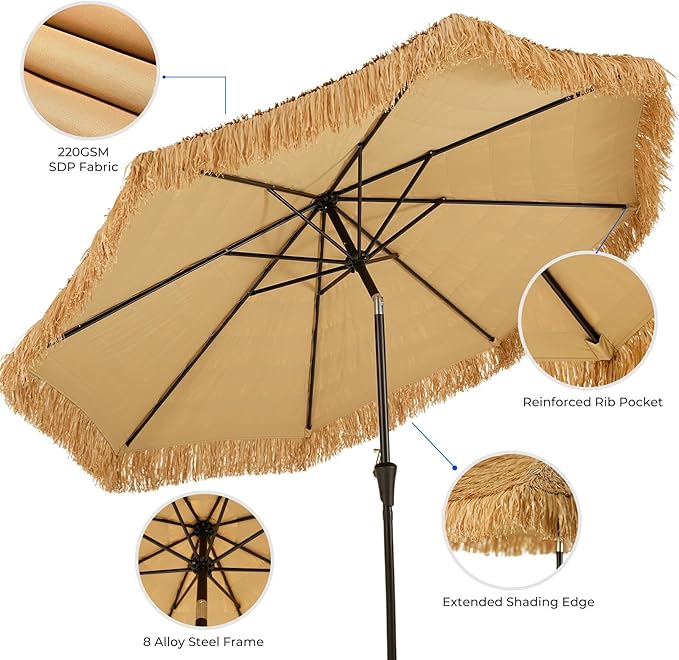 HOMSHADE 9ft Hula Thatched Hawaiian Style Tiki Umbrella with Crank & Tilt, UPF 50+ Nylon Thatch & 220GSM Polyester Canopy, 8 Heavy-Duty Steel Ribs for Outdoor, Patio, Beach, Pool, Backyard, Garden