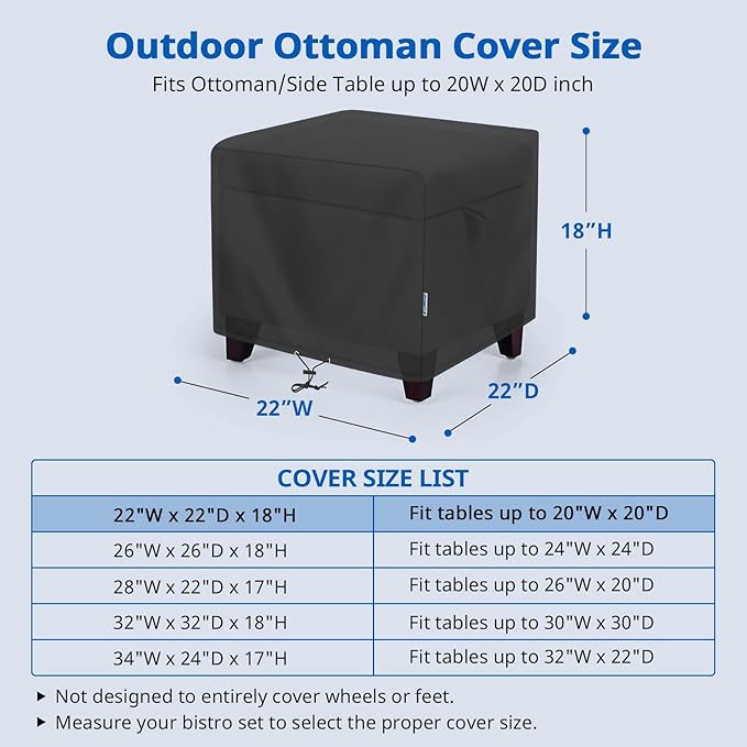 SunPatio Outdoor Ottoman Cover, Waterproof Square Coffee Table Cover, Patio Furniture Covers Side Table Cover, All Weather Protection, 22W x 22D x 18H, Black