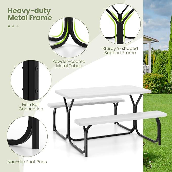 S AFSTAR Picnic Table Bench Set, 59” Expanded Rectangular Picnic Table, Outdoor Table and Bench W/Steel Frame & Wood-Like Texture Tabletop, Camping Table Chair Set for Garden Patio Lawn Deck (White)