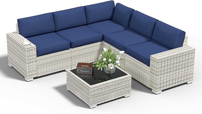 YLGJ&TIDY Patio Furniture Set, 8 Inch Armrest Outdoor Sectional Sofa, 6 Piece Wicker Outdoor Furniture Conversation Sets with Waterproof Cushions and Coffee Table for Backyard Deck