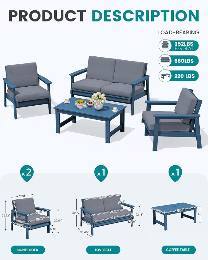 SERWALL HDPE Patio Furniture Set with 15FT Double Side Patio Umbrella, All Weather Wood-Like Outdoor Sofa Sectional Couch, Blue Patio Furniture with Grey Cushions