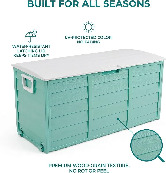 75 Gallon Outdoor Storage Deck Box, Weatherproof Resin Garden Storage Bin with Wheels and Handles, Lockable Toy Chest & Patio Cushion Box for Yard and Pool, Mint Green