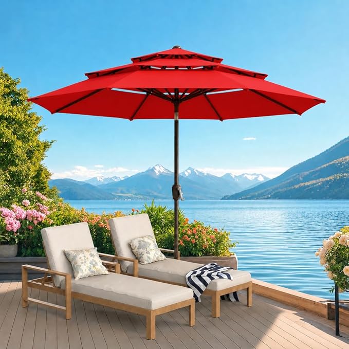 ONBRILL 10 FT Patio Umbrella, 3 Tier Outdoor Table Umbrella with 8 Sturdy Glass Fiber Ribs and Push Button Tilt, Outdoor Patio Umbrellas for Market Pool Garden Backyard, 1.5" Pole, Red (No Base)