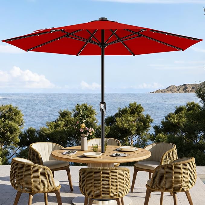 AreShark 12FT Large Patio Umbrella with Solar Lights, Solar Powered Outdoor Umbrella with Crank, Patio Table Market Umbrellas for Garden, Deck, Backyard, Pool and Beach, Red