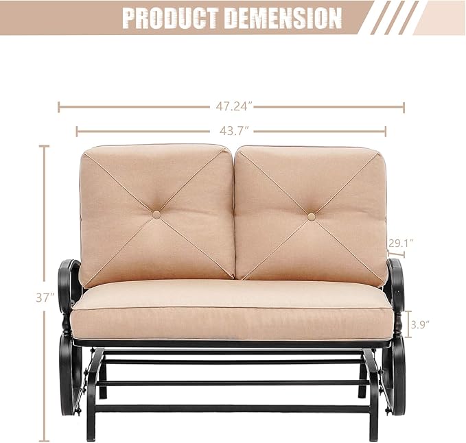 Patio Bench, Porch Glider Outdoor Swing Glider Rocking Loveseat, Steel Frame Chair with Thick Cushion (Brown)