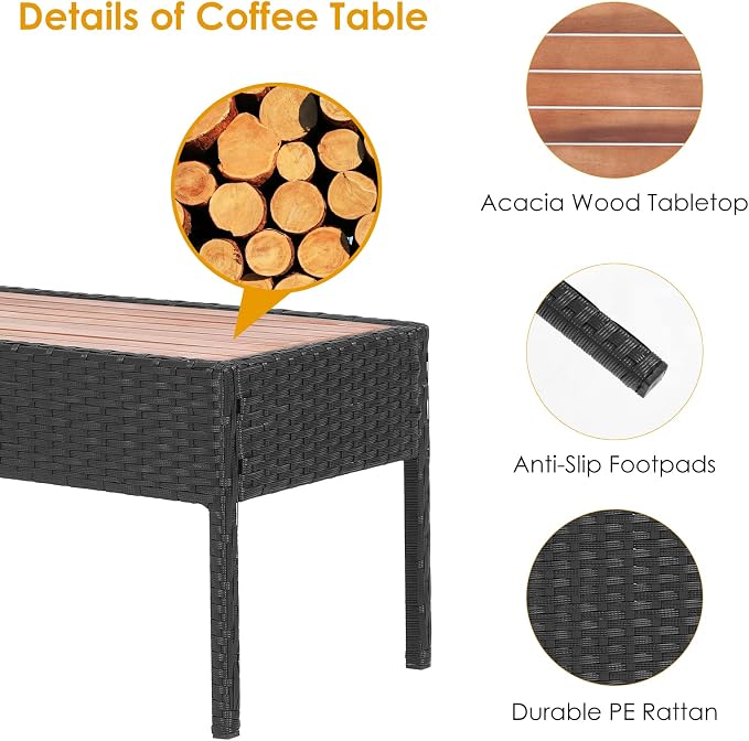 COSTWAY 8PCS Patio Rattan Furniture Set Cushioned Chair Wooden Tabletop Black
