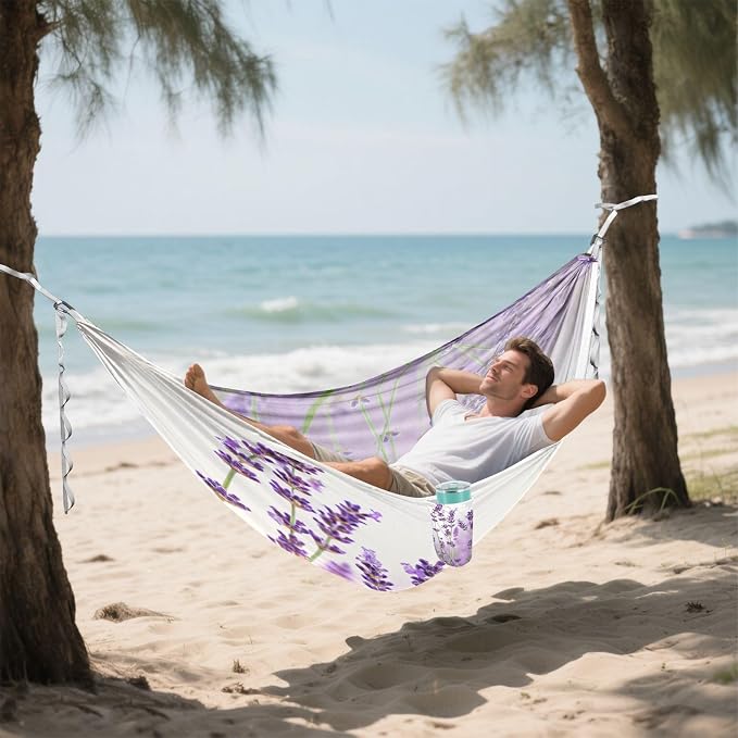 Lavender Flowers Camping Hammock, Portable Lightweight Single Hammock with Tree Straps and Aluminum Carabiners, 114" x 54" Travel Hammock for Hiking Backpacking Beach