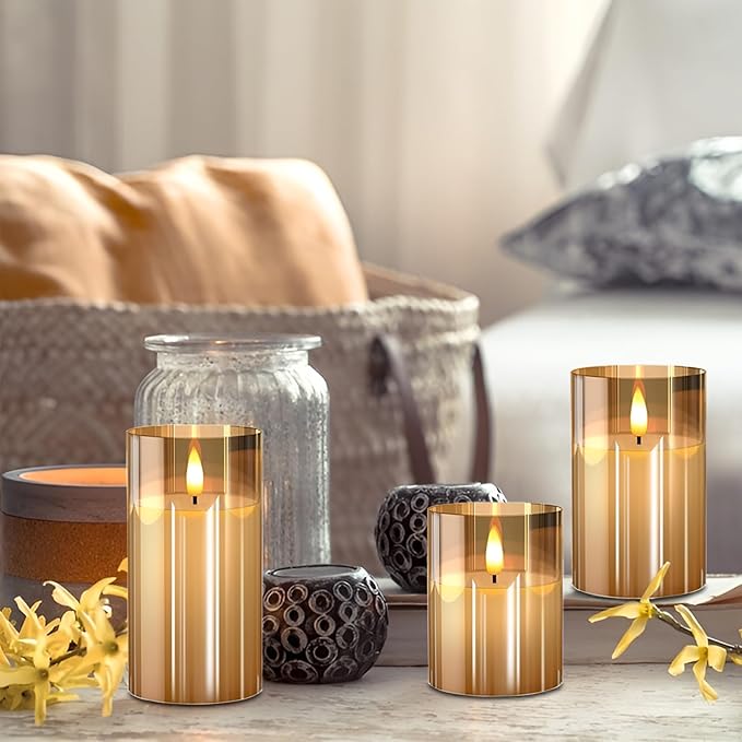 VIEWELLD Glass Flameless Candles with Remote and Timer, Battery Operated Candles, LED Pillar Candles, Electric Fake Candles, Real Wax Set of 3, Christmas Home Wedding Birthday Decor(Gold)