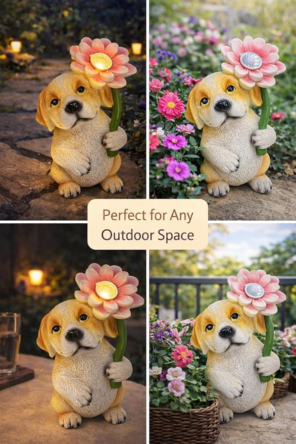 GoGnome Solar Dog Garden Statue with LED Flower – Hand-Painted Resin Puppy Figurine, Solar Powered Outdoor Garden Decor, Auto On/Off Yard Light Gift (Puppy)