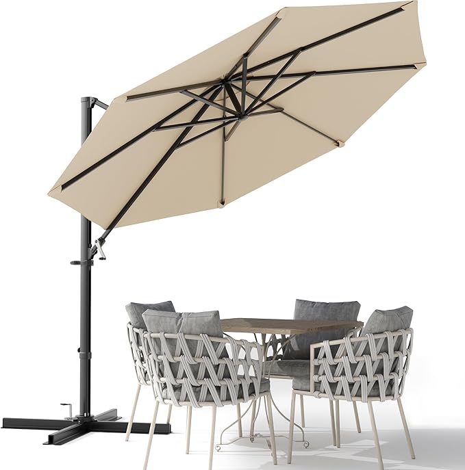 Devoko 10ft Cantilever Patio Umbrella, Round Large Outdoor Umbrella with 360-Degree Rotation, Hanging Offset Market Sun Umbrella, Easy Tilt and Heavy-Duty Frame, for Patio Backyard Garden, Beige