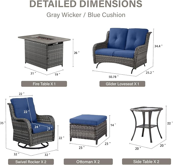 Belord Patio Furniture Set with Fire Pit Table,8 Piece Wicker Outdoor Furniture Set, Swivel Rocker Chairs with Ottomans and Loveseat, All Weather Patio Conversation Set, for Pool,Yard Gray Wicker/Blue