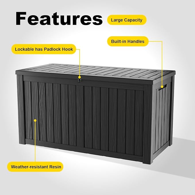 DRATO 180 Gallon Large Resin Outdoor Storage Box with Lid, Lockable Waterproof Weatherproof Deck Bin, Perfect for Patio Cushions, Garden Tools and Pool Accessories, Black
