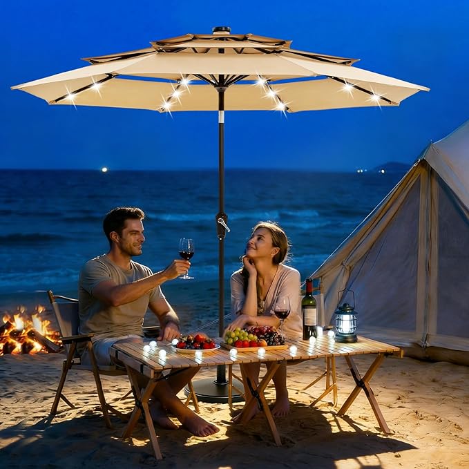 Garvee 9ft 10ft Patio Umbrella with Solar Lights, 3-Tier Umbrella Outdoor Patio with LED Lights, Ventilation, Easy Crank & Tilt, 8 Sturdy Ribs, UV Protection, Large Patio Umbrella for Deck, Pool
