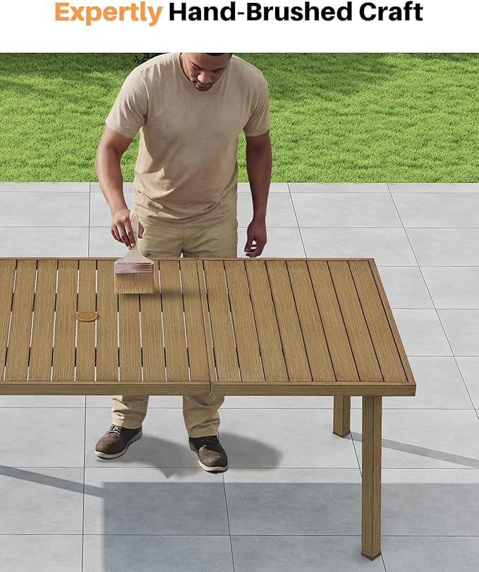 9 Pieces Never-Rust Aluminium Outdoor Dining Set, Patio Table and Chairs for 8, Patio Dining Set with Rectangle Table, Outdoor Dining Chairs with Removable Cushions for Deck, Backyard, Teak
