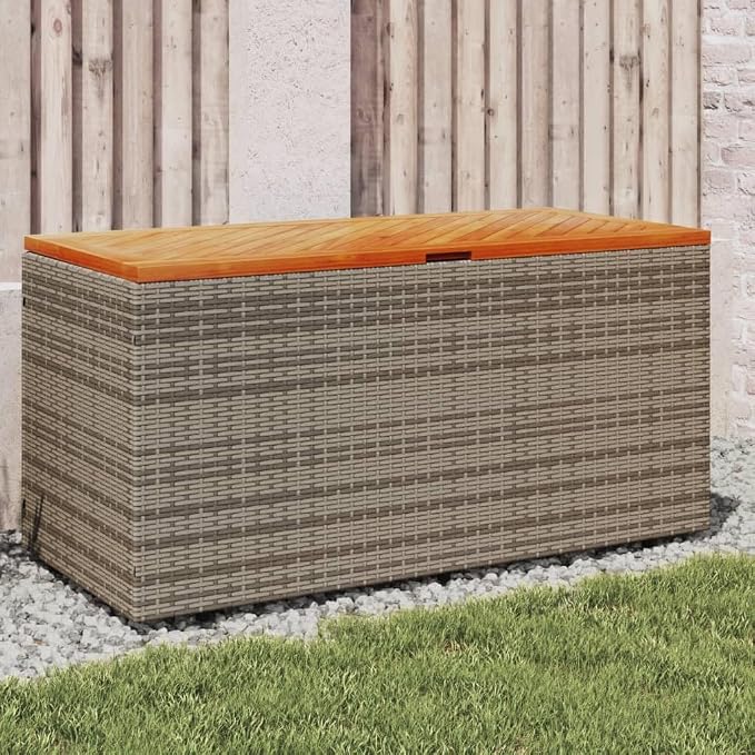 Outdoor Storage Box with Acacia Wood Top Gray 43.3"x19.7"x21.3" PE Rattan Deck Box Weather-Resistant Patio Furniture Storage Bench for Poolside Backyard Garden