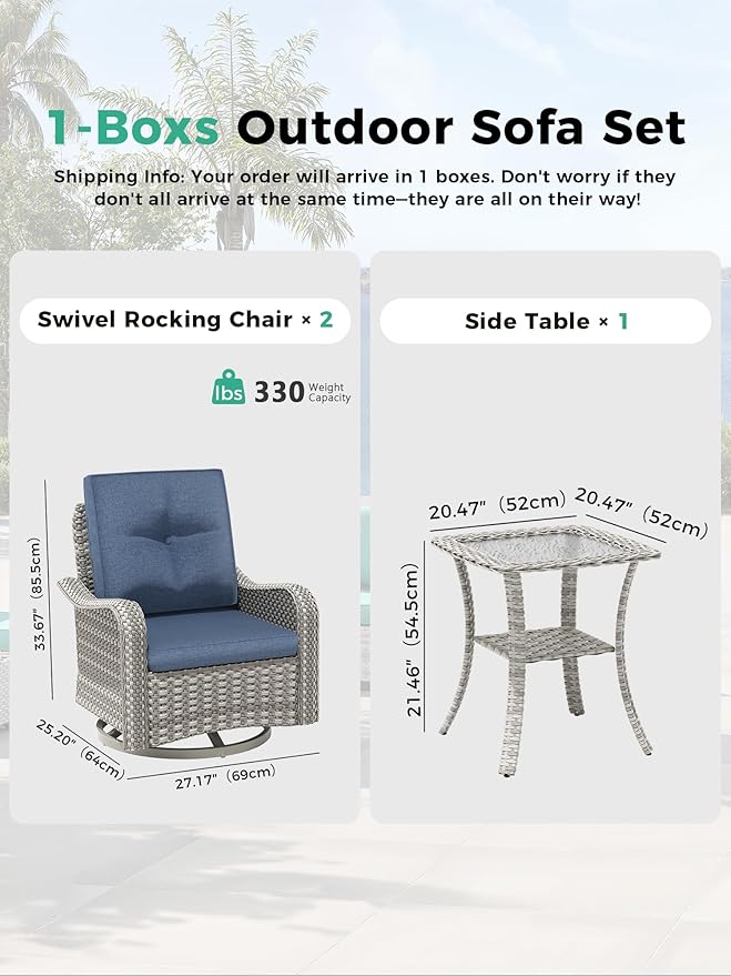 3 Piece Outdoor Wicker Patio Furniture Set,High Back Swivel Rocker Patio Chairs with 4" Thickened Cushions & Side Table, All-Weather PE Rattan for Garden, Backyard, Porch, Blue