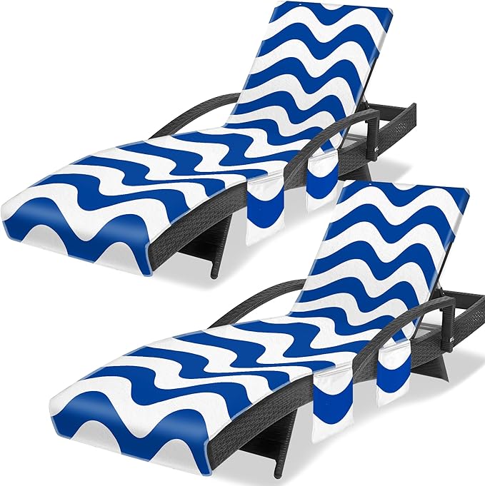 Lounge Chair Towel Cover, Chaise Lounge Cover (Pack of 2), Beach Chair Covers with 3 Pockets for Pool Sunbathing Beach Garden Courtyard Outdoor Trips, 85 x30 in, Wavy Striped Dark Blue