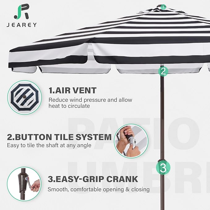 JEAREY 9 FT Patio Umbrella Outdoor, Table Umbrellas Market Umbrella w/Push Button Tilt/Crank, 8 Sturdy Ribs(Black White Striped)