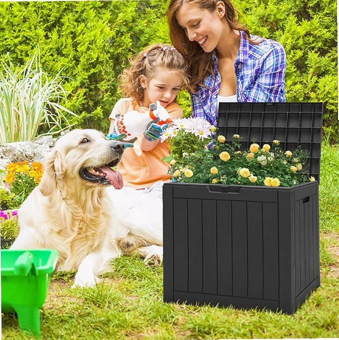 Black 30-Gallon PP Woodgrain Deck Box Outdoor Storage Seat with Waterproof Lid, 22x17x21in for Patio
