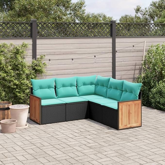 5 Piece Patio Sofa Set with Cushions, Front Porch Furniture Garden Lounge Set Outdoor Sofa Sets Patio Conversation Set for Garden Negotiation Area Exhibition Piazza Black Poly Rattan