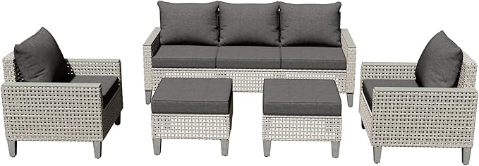 Outdoor Patio Furniture Set 7-Piece Modular Wicker Sectional Sofa with Ottomans and Thick Cushions, Modern Rattan Outdoor Conversation Couch for Garden Backyard, Black