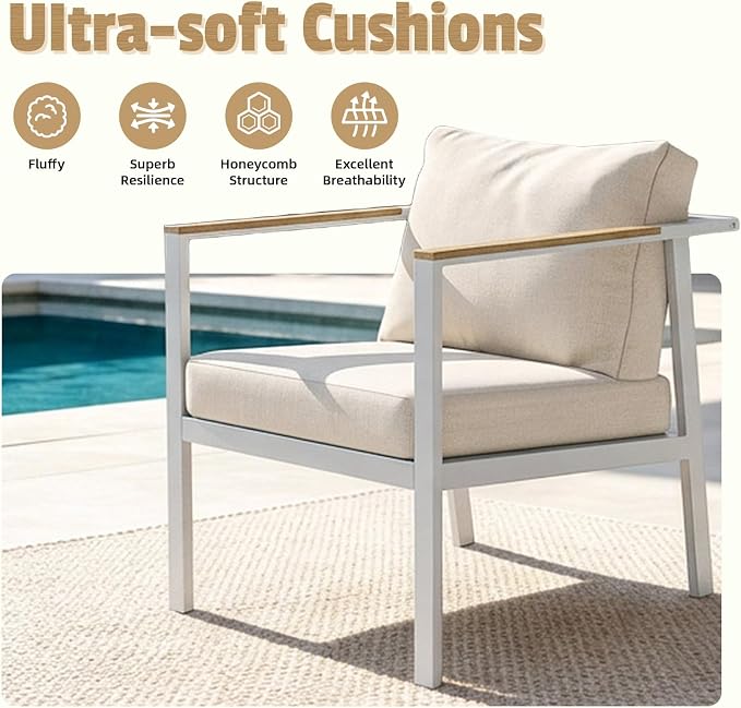 Aug-guan Aluminum Patio Furniture Set 5 Piece, Outdoor Conversation Set with 5" Cushions, Olefin Fabric, Rustproof Frame, Non-Slip Feet, Compact Patio Sofa Set for Balcony, Backyard, Porch,White