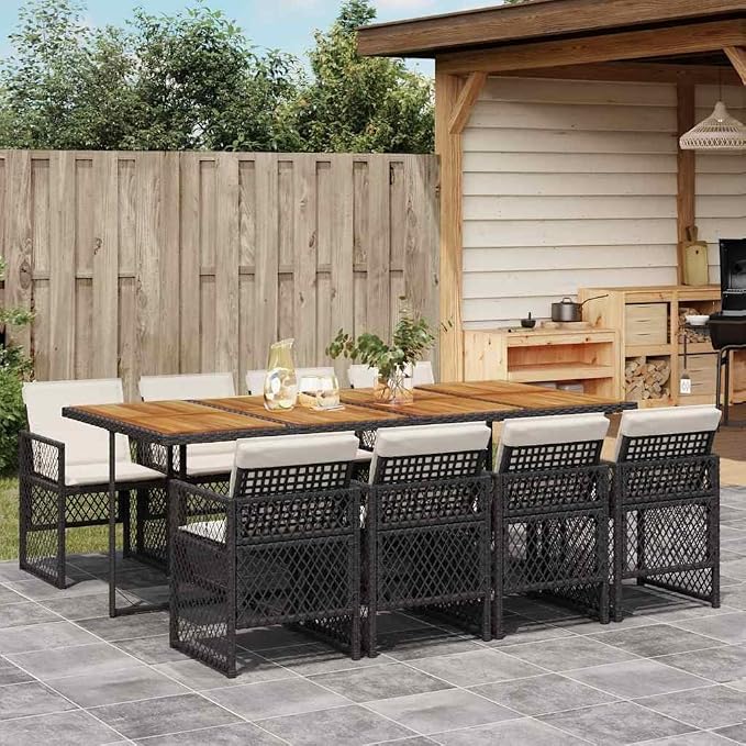Modern 9-Piece Garden Dining Set with Black PE Rattan and Solid Acacia Wood, Foldable Design for 8 People, Comfortable Cream Cushions for Patio or Balcony