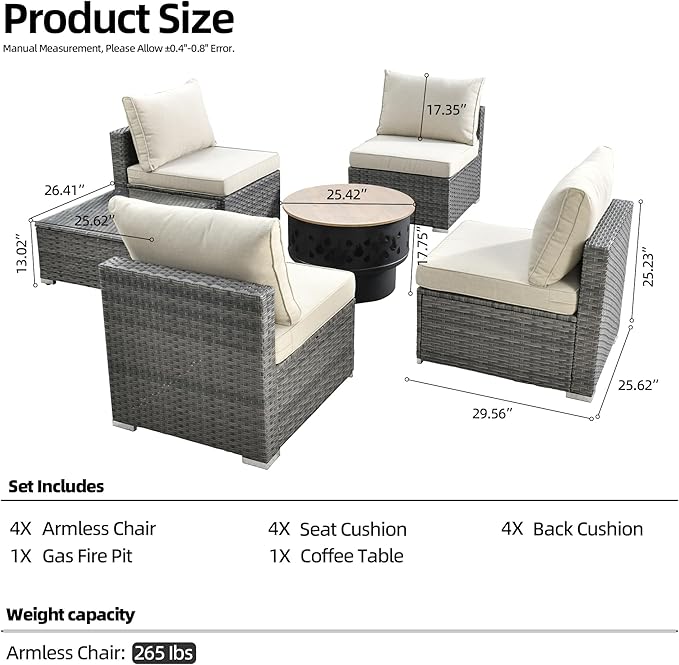 HOOOWOOO 6-Piece Outdoor Wicker Patio Furniture Set, All-Weather Rattan Sectional Sofa Chairs with Fire Pit and Side Table, Modern Garden Conversation Set for Patio, Porch, and Backyard (Beige)