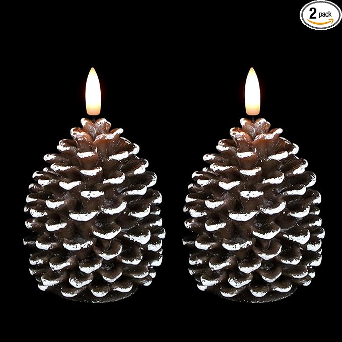 Wondise Flameless Candles with Timer, Battery Operated Flickering 3D Wick Real Wax Pine Cone Candles for Christmas Indoor Decoration, Set of 2(D3.5 x H6 Inch)
