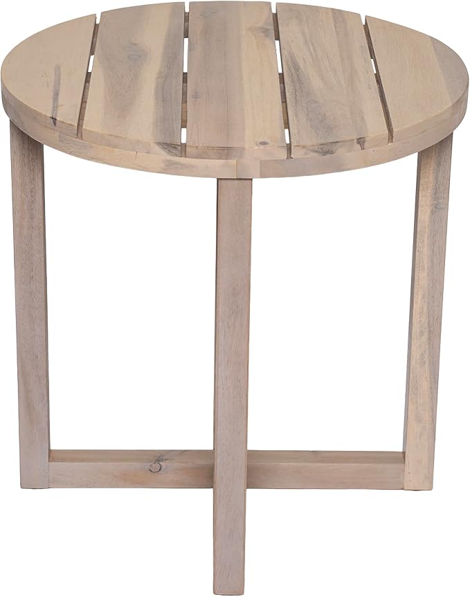 Merax Acacia Outdoor Wood Round Accent Side Table, Cross Base Design with Slat Detailing, Weather-Resistant, Light White