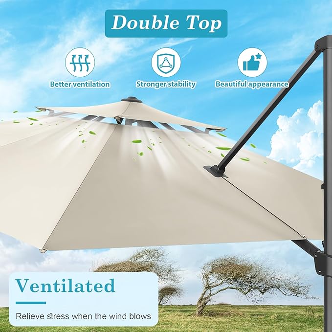HOTEEL10x10ft Patio Umbrella Cantilever Umbrellas Double Top - Upgrade and Intensify - 360 Rotation and 5 Angles Adjustment - Aluminum Offset Pool Umbrella Outdoor Umbrellas for Patio Garden Pool