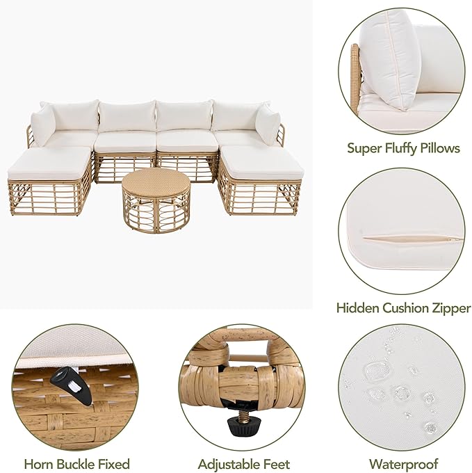 7 Pieces Outdoor Patio Furniture Sectional Sofa Set with Coffee Table, All-Weather Rattan Conversation Set with Thick Cushions and Pillows for Garden Backyard Balcony, Freely Combined (Beige-7S)