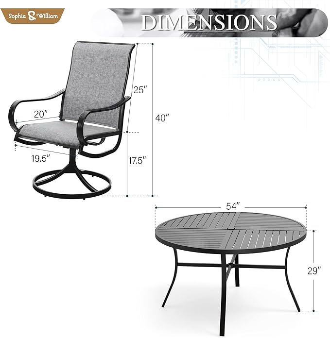 Sophia & William Outdoor Dining Set Patio Dining Set for 6 Round Patio Table and Chairs Set 7 Pieces Patio Set with Swivel Patio Chairs 54" Metal Table for Garden Pool All Weather Grey