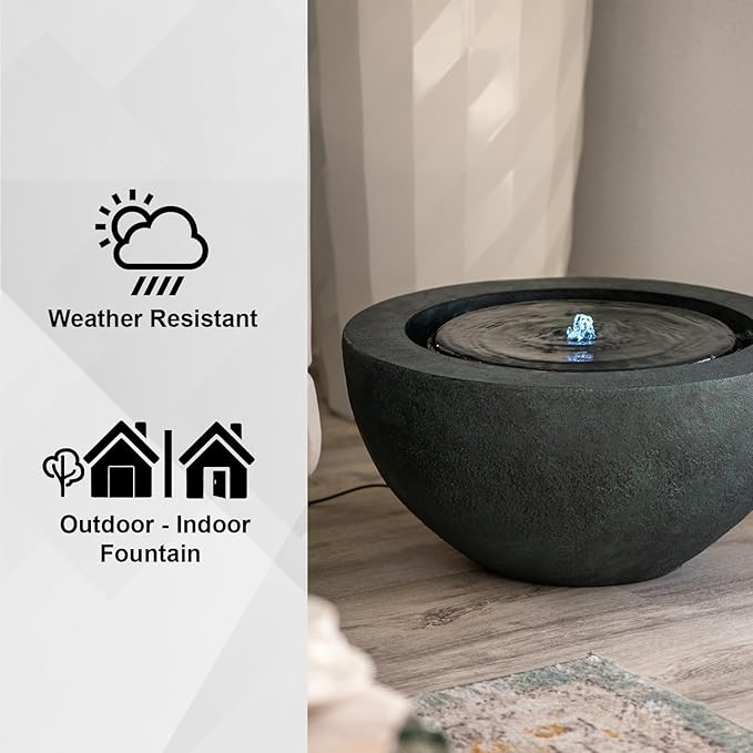 XBrand 19.8" W Round Sphere Water Fountain Indoor Outdoor with LED Light, Polyresin Bubbler Feature for Patio Garden Yard Home Décor, Dark Green