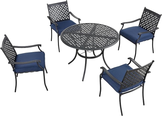 LOKATSE Home 5 PCS Outdoor Patio Dining Set with 4 Armchair with Cushions and 1 Round Table with 2.04" Umbrella Hole for Garden Backyard Poolside