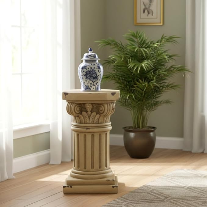 Merax 18.50" H Ionic Pedestal Plant Stand, MGO Decorative Pedestal Side Table for Indoor Outdoor Entryway Garden Home, Antique Yellow, No Assembly Needed