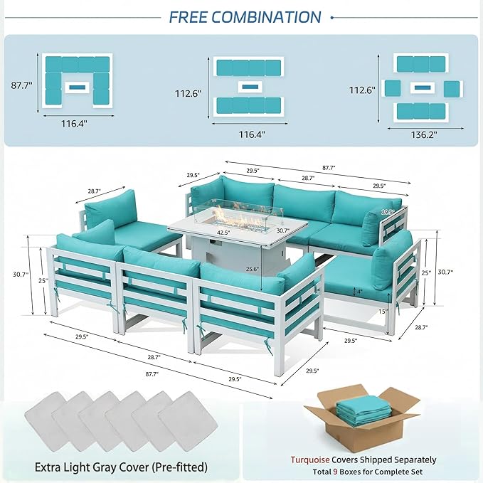 NICESOUL 8 Seat Oversized Modern Aluminum Patio Furniture Set, All Weather Rust Proof Modular Sectional Sofa with Fire Pit Table, 500 lbs Heavy Duty Comfortable Outdoor Couch for Garden Backyard, Teal